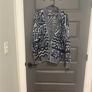 Vintage Nuovo Geometric Blue and Gray Knit Cardigan Size M